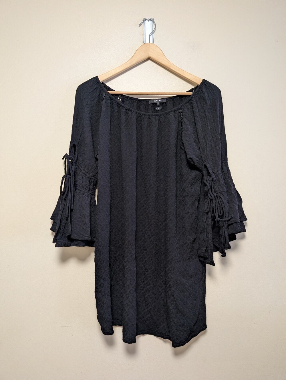 Miss Me Black Cotton Boho Bell Sleeve Tunic Dress Size L